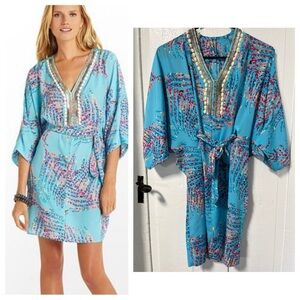 Lilly Pulitzer Wilda Beaded Caftan Blue Teal Tunic Dress size XS
